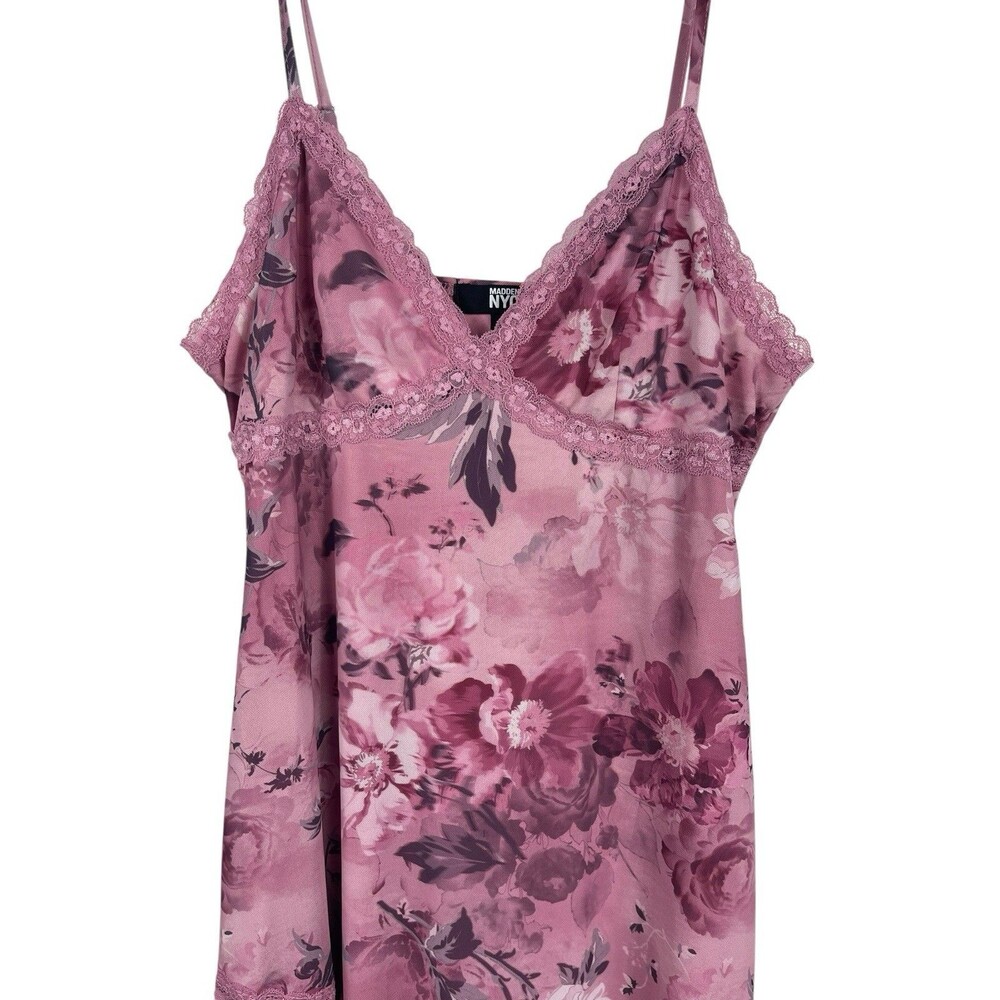 Y2K Babydoll Madden NYC Cocquette Pink Floral Lace Asymmetrical Slip Dress L - Picture 2 of 16